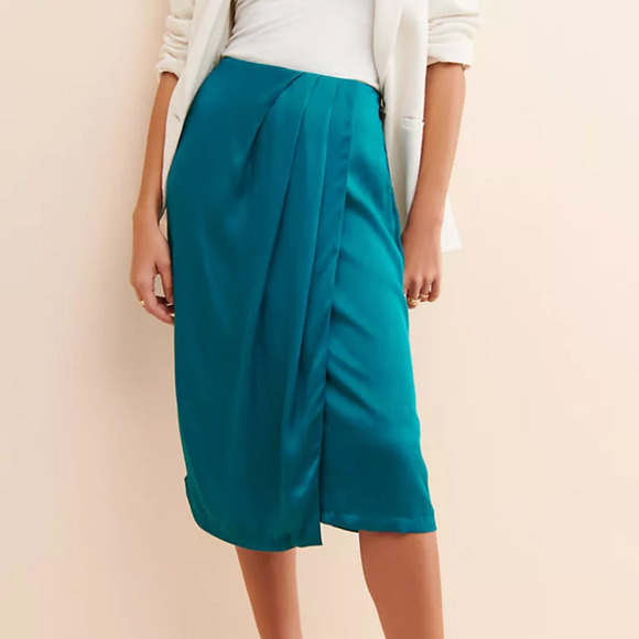 NWT Anthropologie Turquoise Satin Knee-Length Faux Wrap Skirt • Size 0 🗣 - Picture 1 of 4